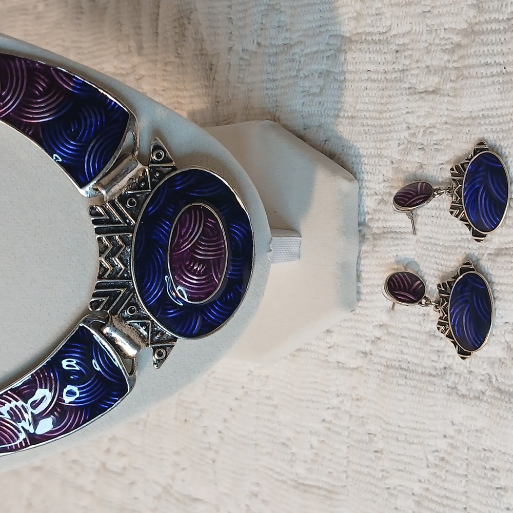 Silver and Purple Statement Necklace Set - Picture 2 of 4
